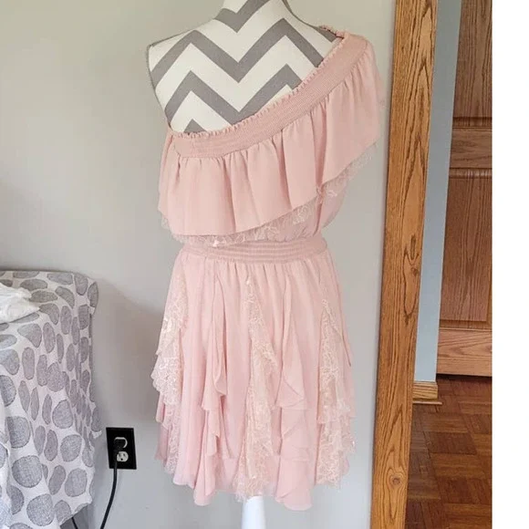 Jessica Simpson One Shoulder Ruffle and Lace Blush Pink Dress Size 8 - Picture 2 of 3
